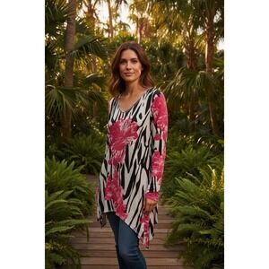 Christina V Animal Print Floral Tunic Women's Medium M Black Pink Retro Y2K Boho